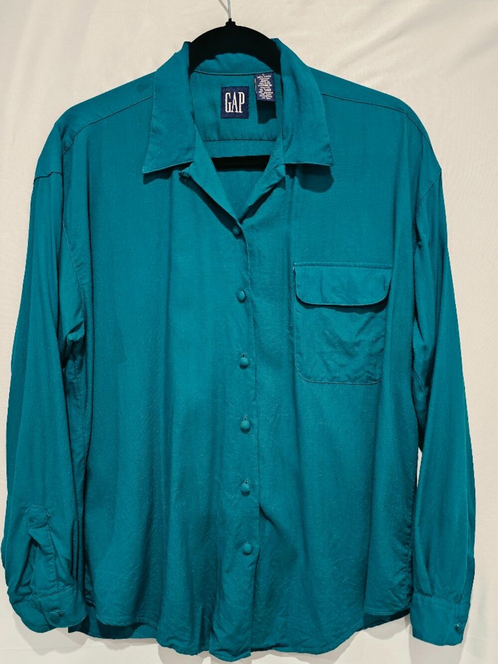 Vintage 90s GAP 100% Rayon Blouse Teal Green Women's Large L Button Up Shirt
